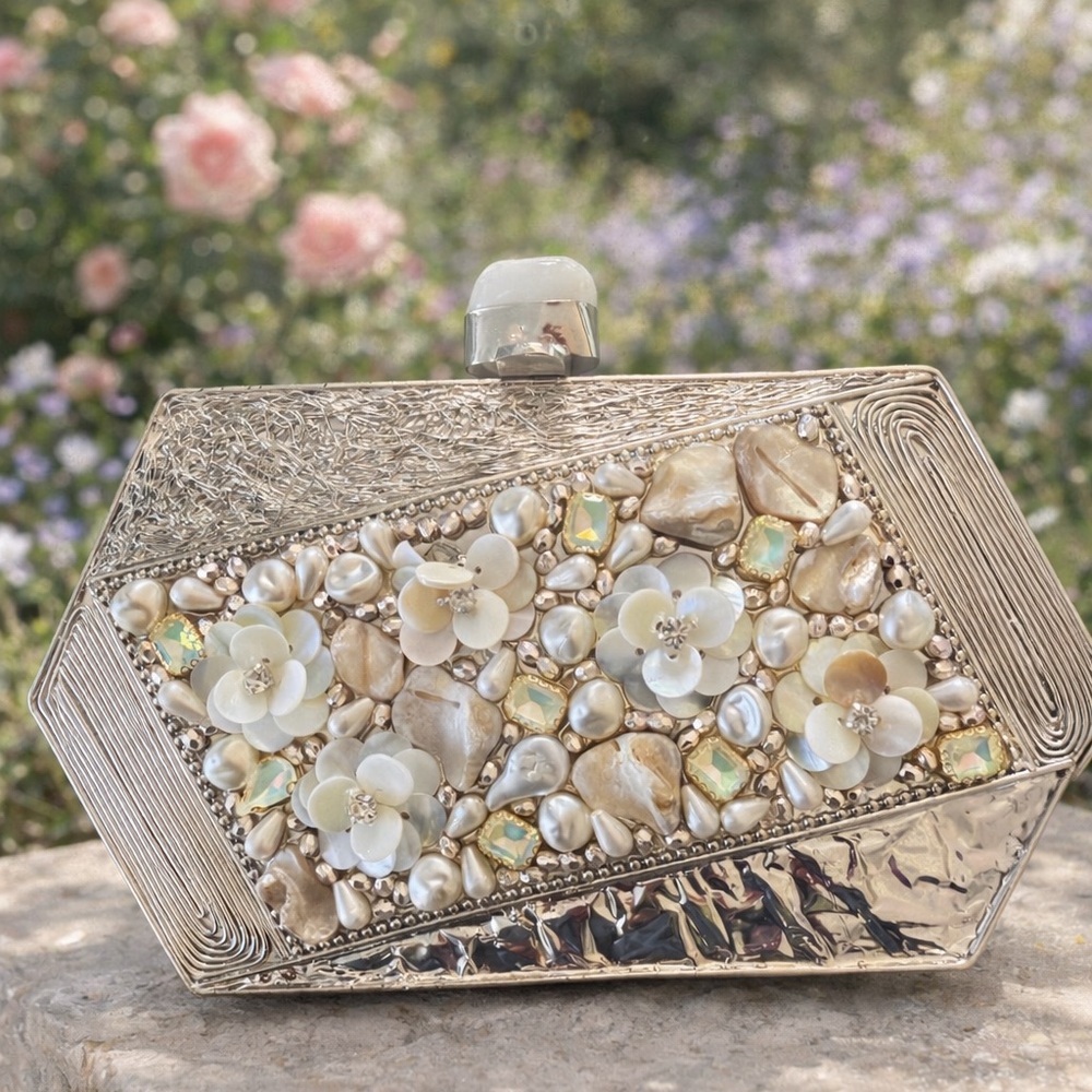 Embellished Floral Shell Clutch in Cream and Pearl - Designer Style